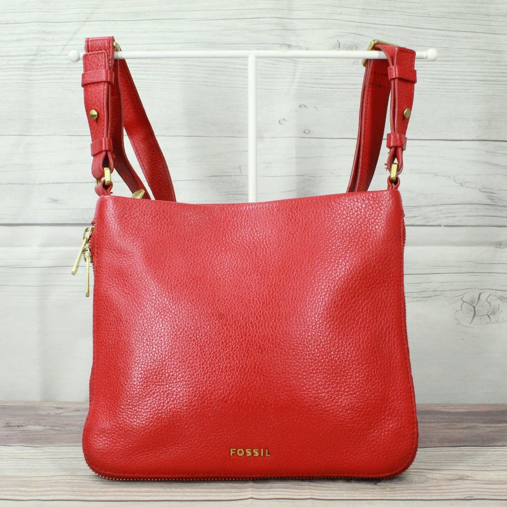FOSSIL Women's Red Leather Adjustable Bottom Width Crossbody Organizer Bag